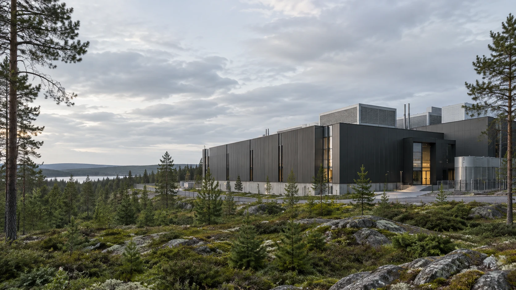 Illustration of a modern data center in a Nordic forest landscape